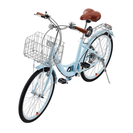 Cruiser Bike, 7-Speed, 26-Inch Light Blue Beach Cruiser Bike With Large Capacity Basket And Rear Rack, Secure & Sturdy Cruiser Bike With Adjustable Seat, Fits For Cycling, Exercise & Shopping
